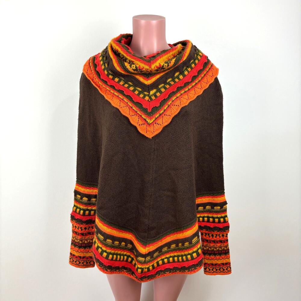 Brown Orange Alpaca Poncho Sweater One Size Peru